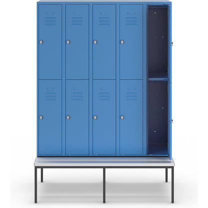 Berlin 2 double deck clothes locker with bench seat, 5 sections, light blue, width 1500 mm, 10 compartments.