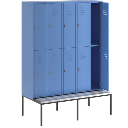 Berlin 2 double deck clothes locker with bench seat, 5 sections, light blue, width 1500 mm, 10 compartments.