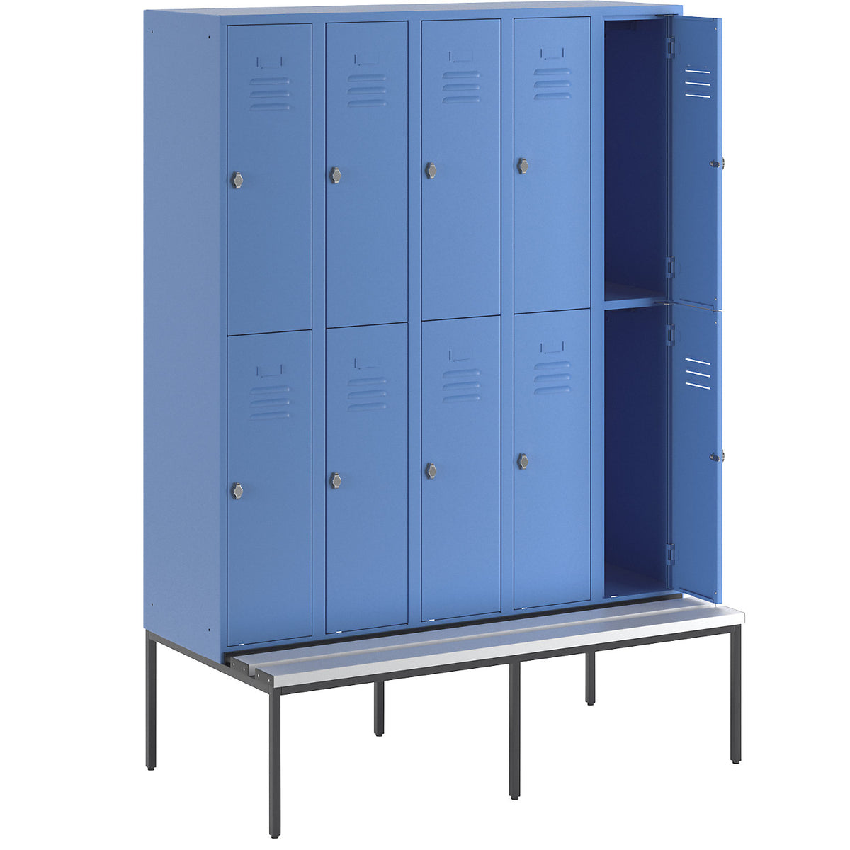 Berlin 2 double deck clothes locker with bench seat, 5 sections, light blue, width 1500 mm, 10 compartments.