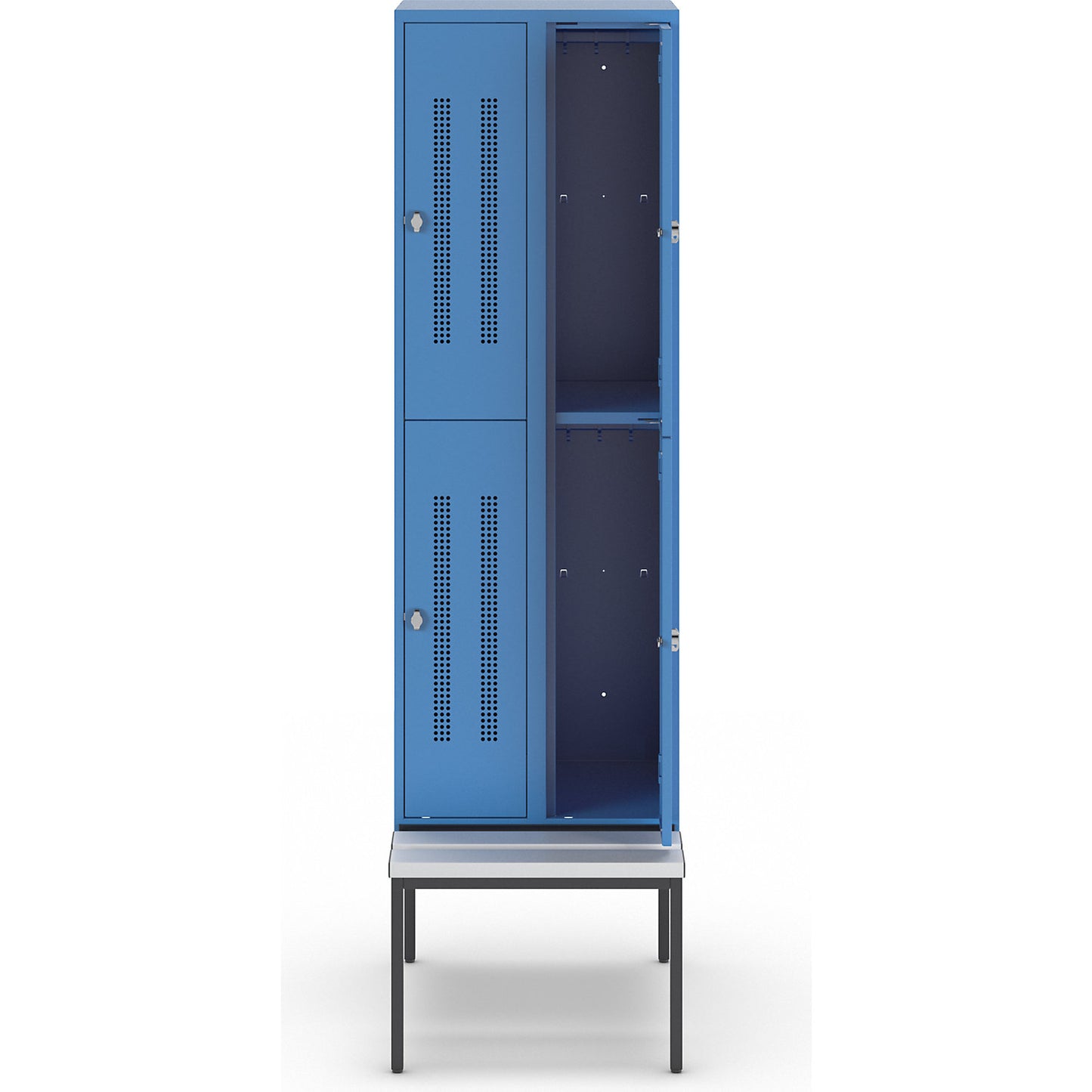 Berlin 1 double deck clothes locker with bench seat, 2 sections, light blue, width 600 mm, 4 compartments.