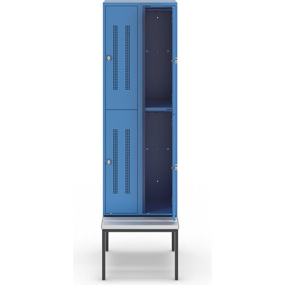 Berlin 1 double deck clothes locker with bench seat, 2 sections, light blue, width 600 mm, 4 compartments.