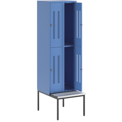 Berlin 1 double deck clothes locker with bench seat, 2 sections, light blue, width 600 mm, 4 compartments.