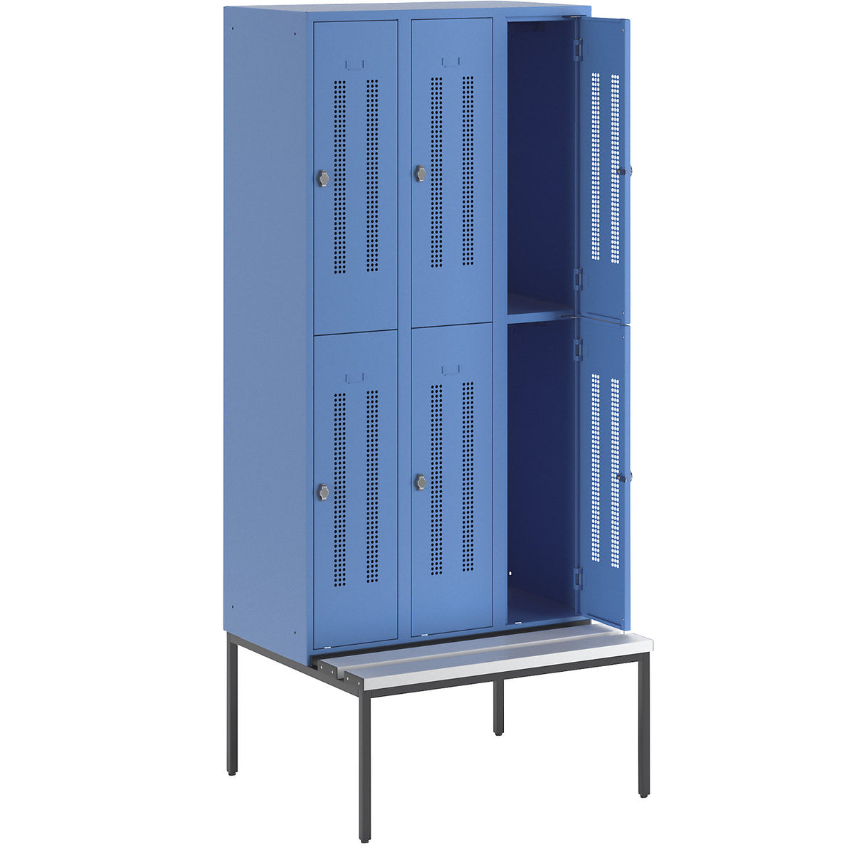 Berlin 1 double deck clothes locker with bench seat, 3 sections, light blue, width 900 mm, 6 compartments.