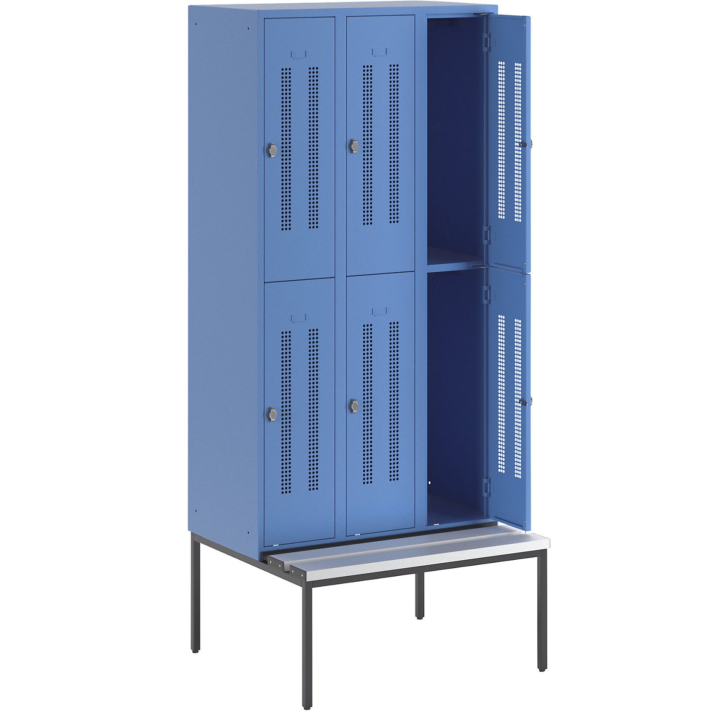 Berlin 1 double deck clothes locker with bench seat, 3 sections, light blue, width 900 mm, 6 compartments.