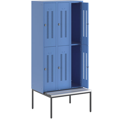 Berlin 1 double deck clothes locker with bench seat, 3 sections, light blue, width 900 mm, 6 compartments.