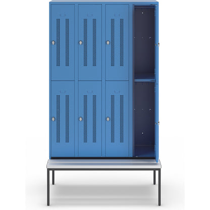 Berlin 1 double deck clothes locker with bench seat, 4 sections, light blue, width 1200 mm, 8 compartments.