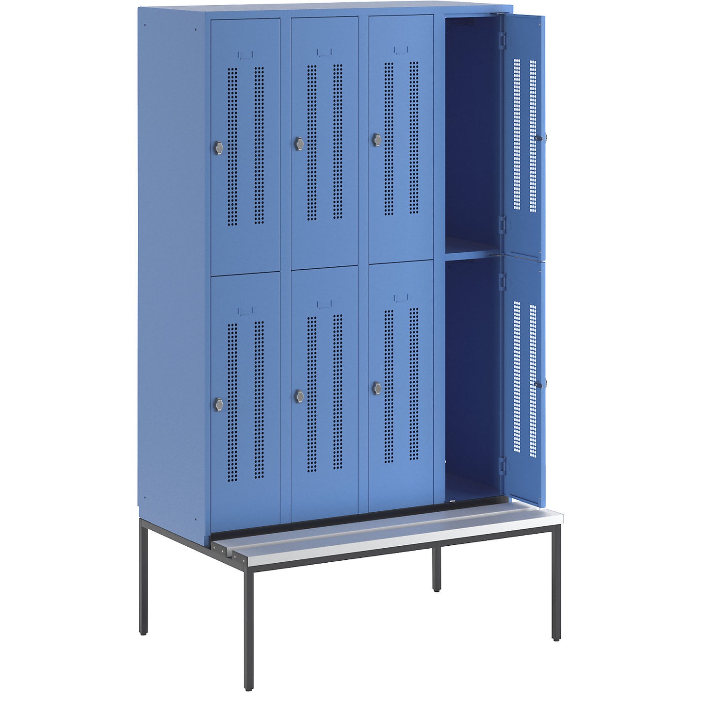 Berlin 1 double deck clothes locker with bench seat, 4 sections, light blue, width 1200 mm, 8 compartments.