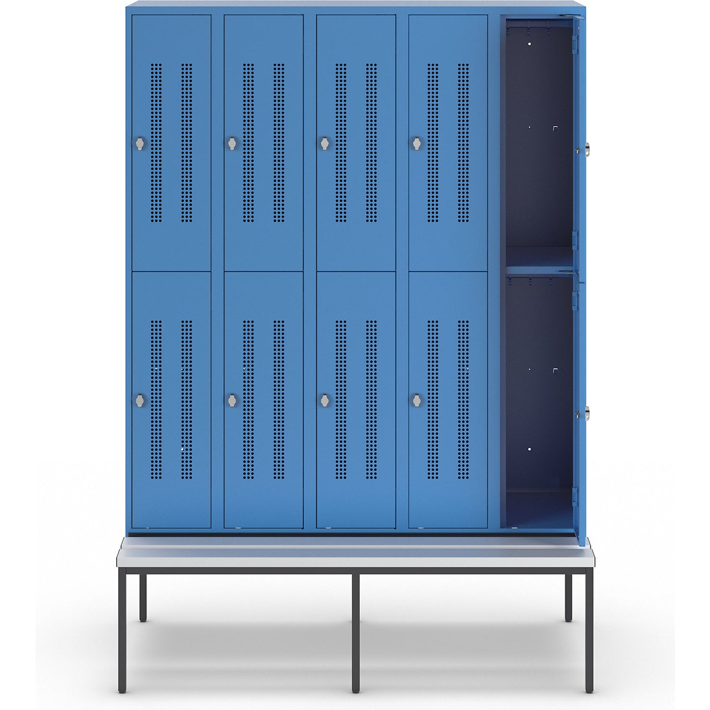 Berlin 1 double deck clothes locker with bench seat, 5 sections, light blue, width 1500 mm, 10 compartments.