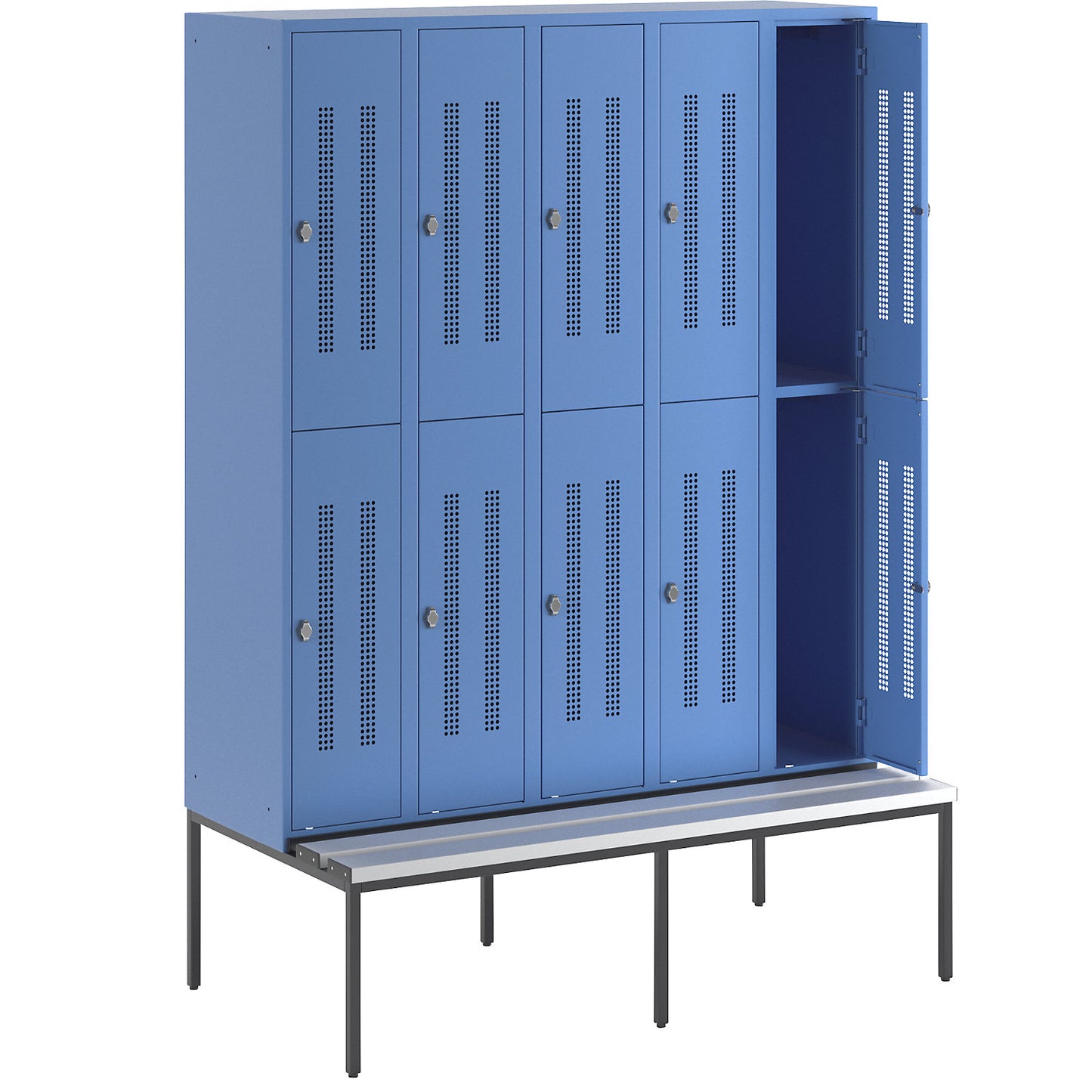 Berlin 1 double deck clothes locker with bench seat, 5 sections, light blue, width 1500 mm, 10 compartments.
