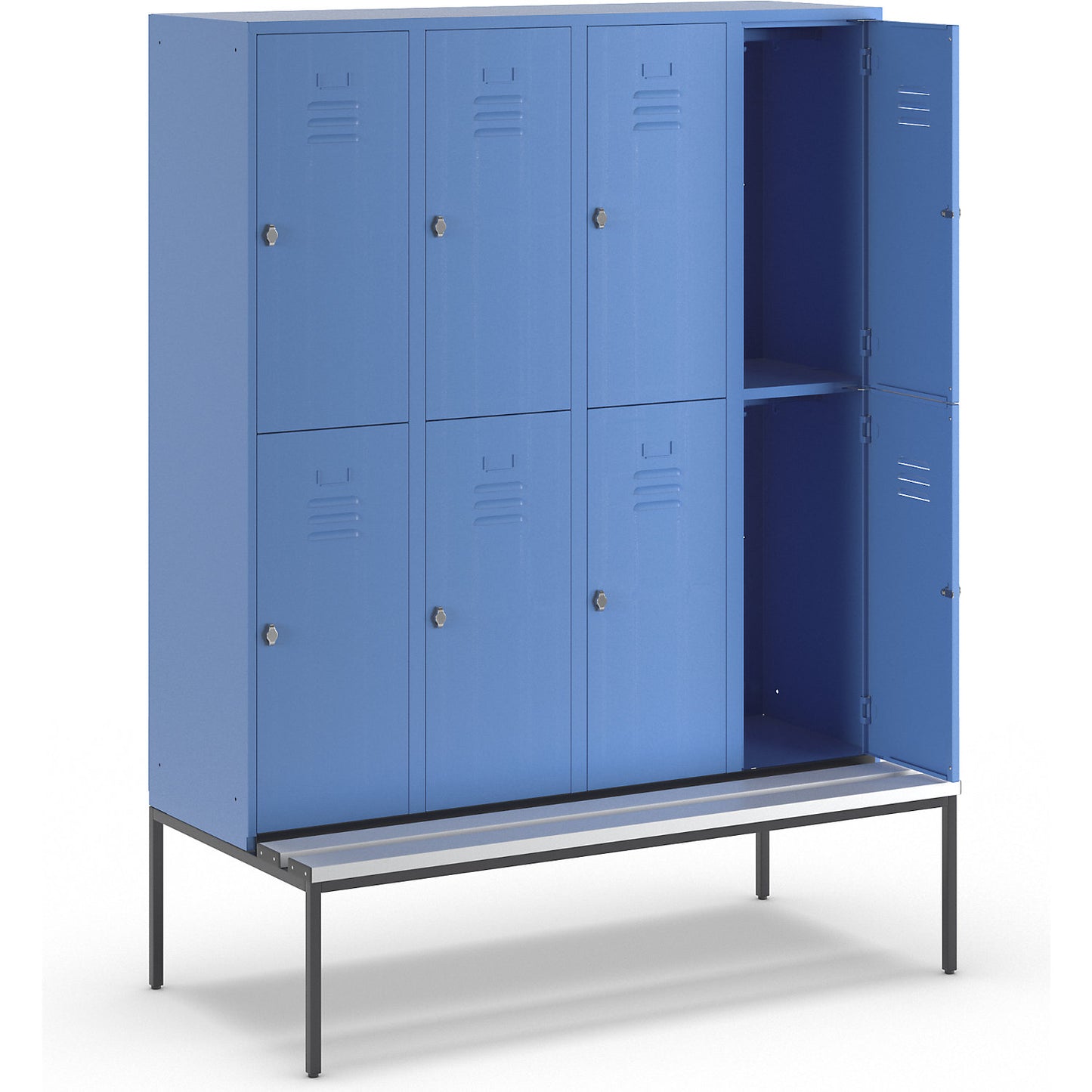 Berlin 2 double deck clothes locker with bench seat, 4 sections, light blue, width 1600 mm, 8 compartments.