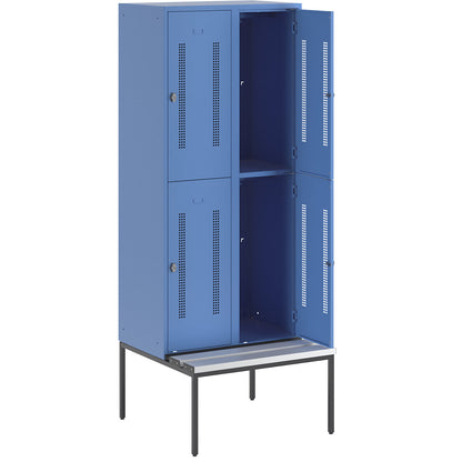 Berlin 1 double deck clothes locker with bench seat, 2 sections, light blue, width 800 mm, 4 compartments.