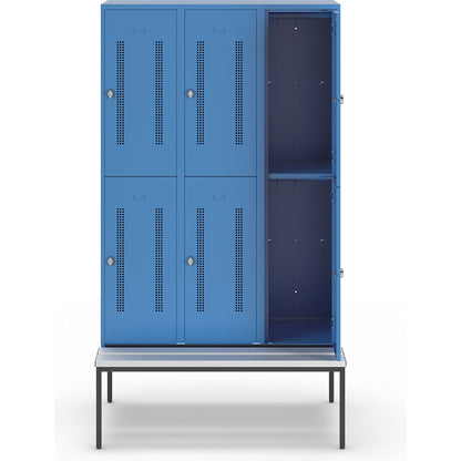 Berlin 1 double deck clothes locker with bench seat, 3 sections, light blue, width 1200 mm, 6 compartments.