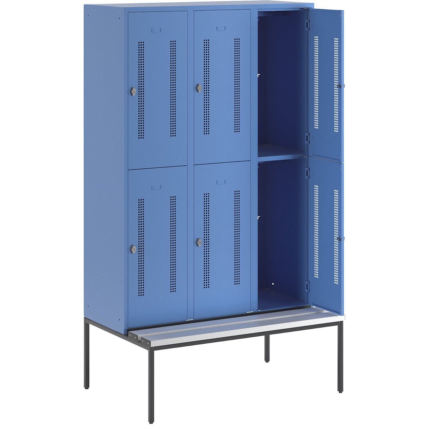 Berlin 1 double deck clothes locker with bench seat, 3 sections, light blue, width 1200 mm, 6 compartments.