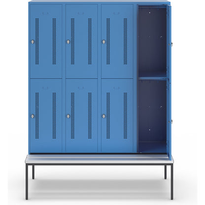 Berlin 1 double deck clothes locker with bench seat, 4 sections, light blue, width 1600 mm, 8 compartments.