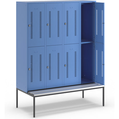 Berlin 1 double deck clothes locker with bench seat, 4 sections, light blue, width 1600 mm, 8 compartments.