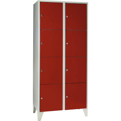 Munich 4-fold compartment locker, 2 compartments, light grey / flame red, W 800 mm, with feet.