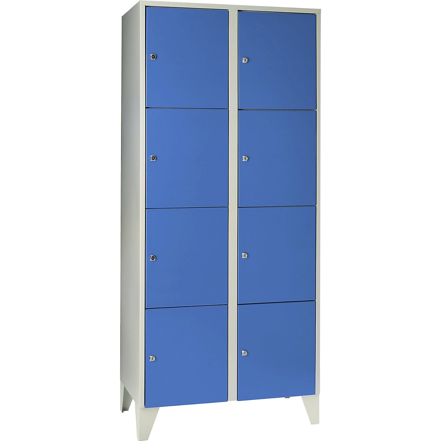 Munich 4-fold compartment locker, 2 compartments, light grey / light blue, W 800 mm, with feet.