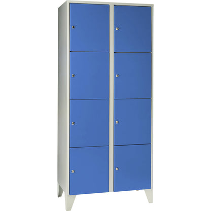 Munich 4-fold compartment locker, 2 compartments, light grey / light blue, W 800 mm, with feet.