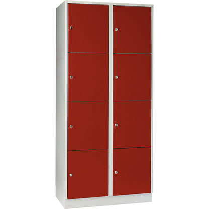 Munich 4-fold compartment locker, 2 compartments, light grey / flame red, W 800 mm, with base plinth.