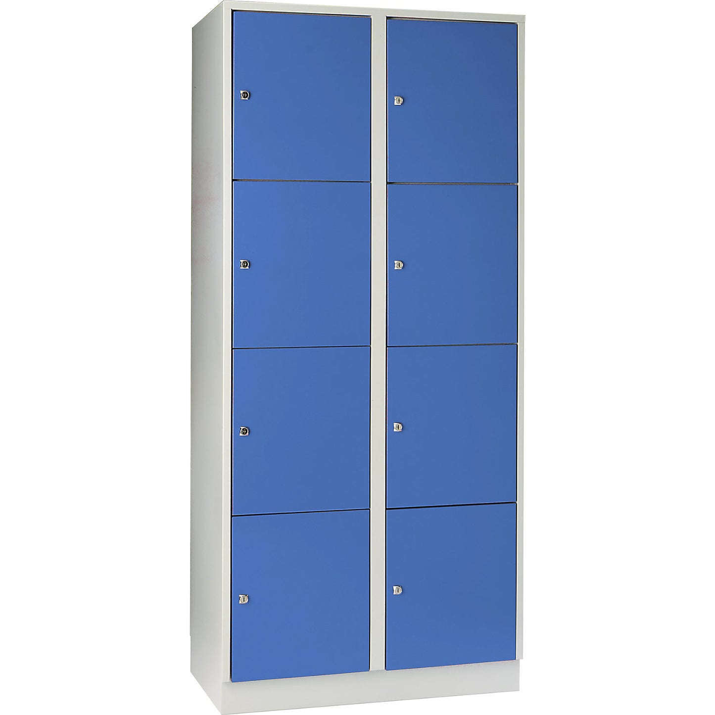 Munich 4-fold compartment locker, 2 compartments, light grey / light blue, W 800 mm, with base plinth.
