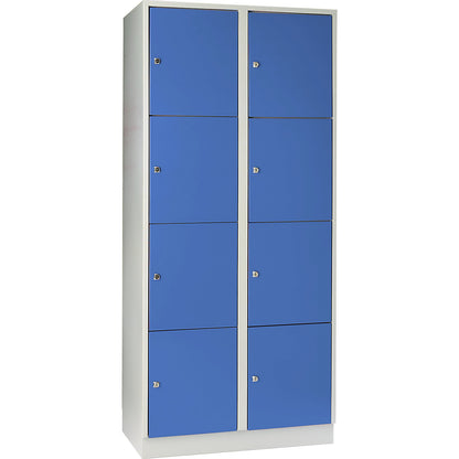 Munich 4-fold compartment locker, 2 compartments, light grey / light blue, W 800 mm, with base plinth.