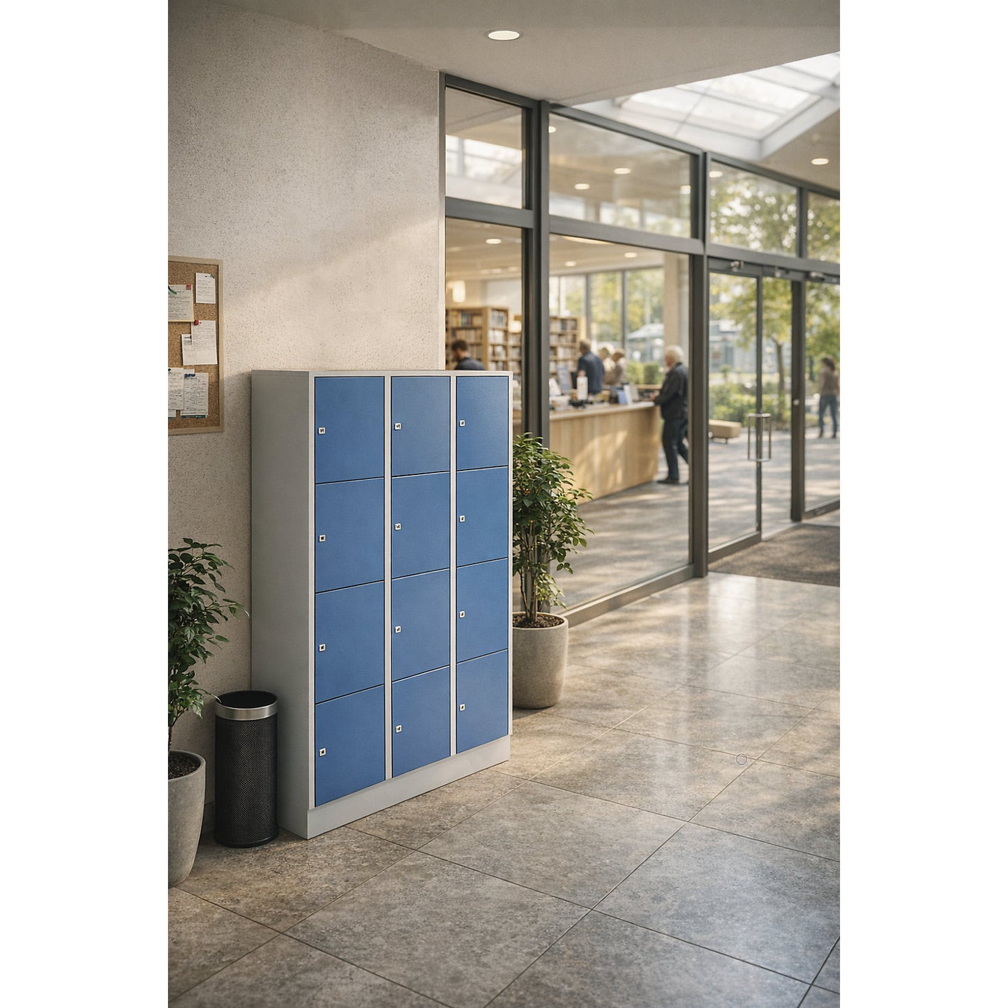 Munich 4-fold compartment locker, 2 compartments, light grey / light blue, W 800 mm, with base plinth.