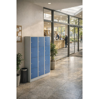 Munich 4-fold compartment locker, 2 compartments, light grey / light blue, W 800 mm, with base plinth.