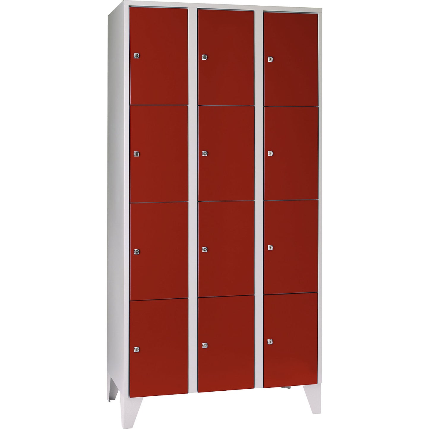 Munich 4-fold compartment locker, 3 compartments, light grey / flame red, W 900 mm, with feet.