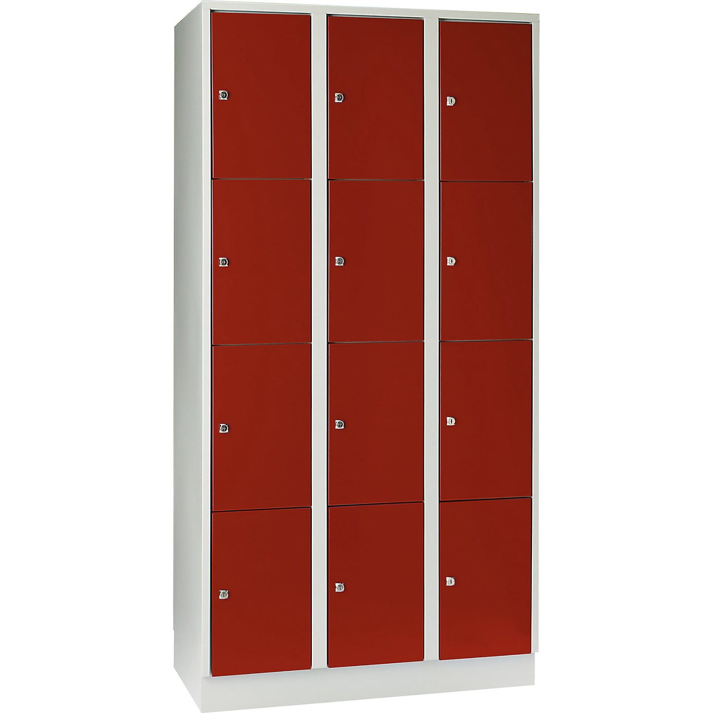 Munich 4-fold compartment locker, 3 compartments, light grey / flame red, W 900 mm, with base plinth.