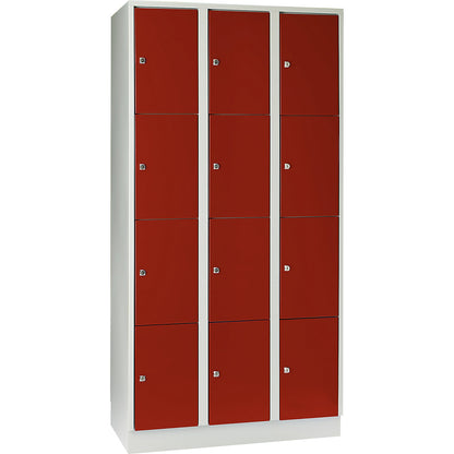 Munich 4-fold compartment locker, 3 compartments, light grey / flame red, W 900 mm, with base plinth.