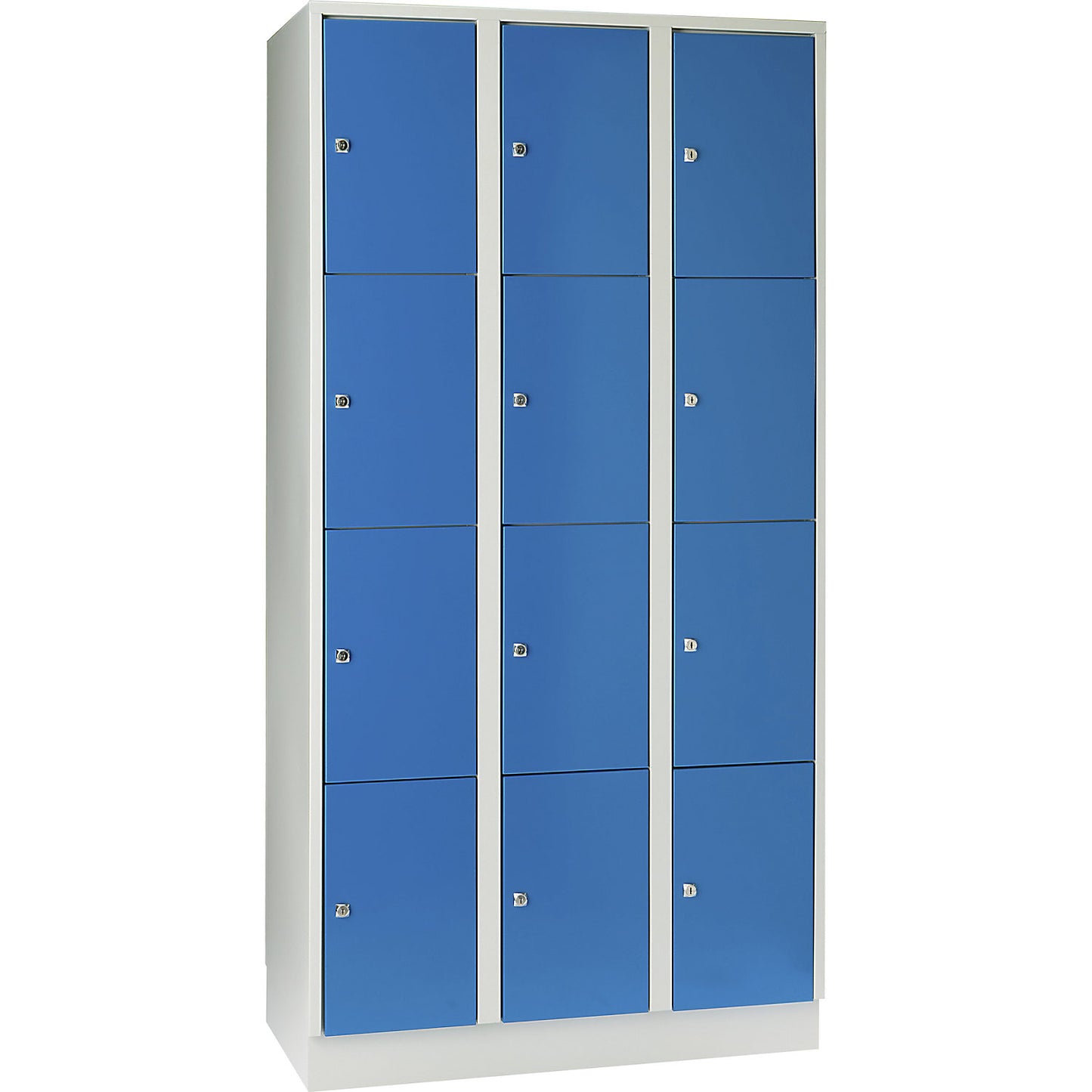 Munich 4-fold compartment locker, 3 compartments, light grey / light blue, W 900 mm, with base plinth.