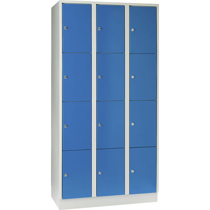 Munich 4-fold compartment locker, 3 compartments, light grey / light blue, W 900 mm, with base plinth.