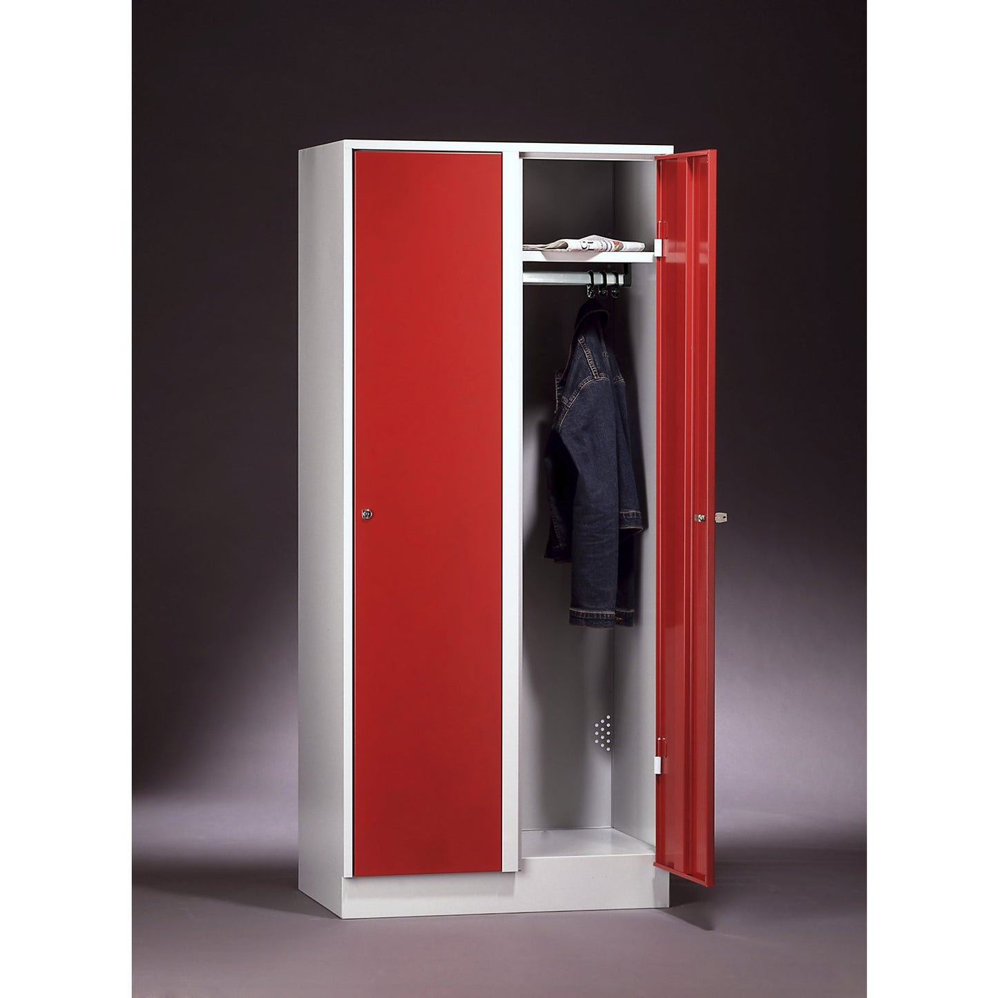 Munich locker, 2 compartments, light grey / flame red, W 800 mm, with base plinth.