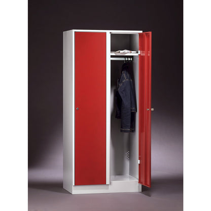 Munich locker, 2 compartments, light grey / flame red, W 800 mm, with base plinth.