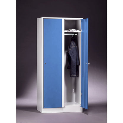 Munich locker, 2 compartments, light grey / light blue, W 800 mm, with base plinth.
