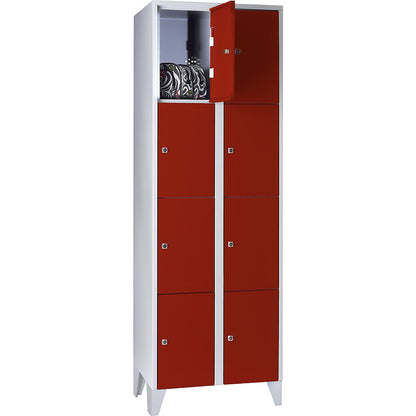 Munich 4-fold compartment locker, 2 compartments, light grey / flame red, W 600 mm, with feet.