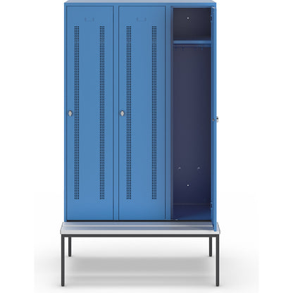 Berlin 1 bench seat clothes locker, 3 compartments, light blue, W 1200 mm, bench fitted below, plastic.
