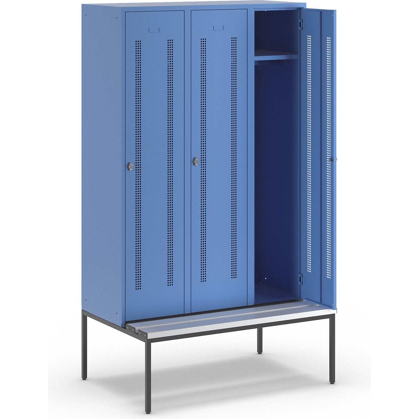 Berlin 1 bench seat clothes locker, 3 compartments, light blue, W 1200 mm, bench fitted below, plastic.