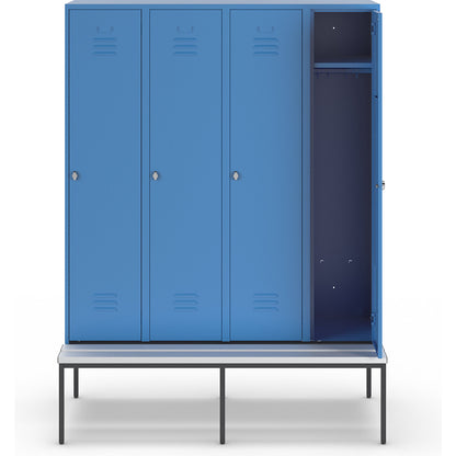 Berlin 2 clothes locker with bench seat, 4 compartments, light blue, W 1600 mm, bench fitted below, plastic.