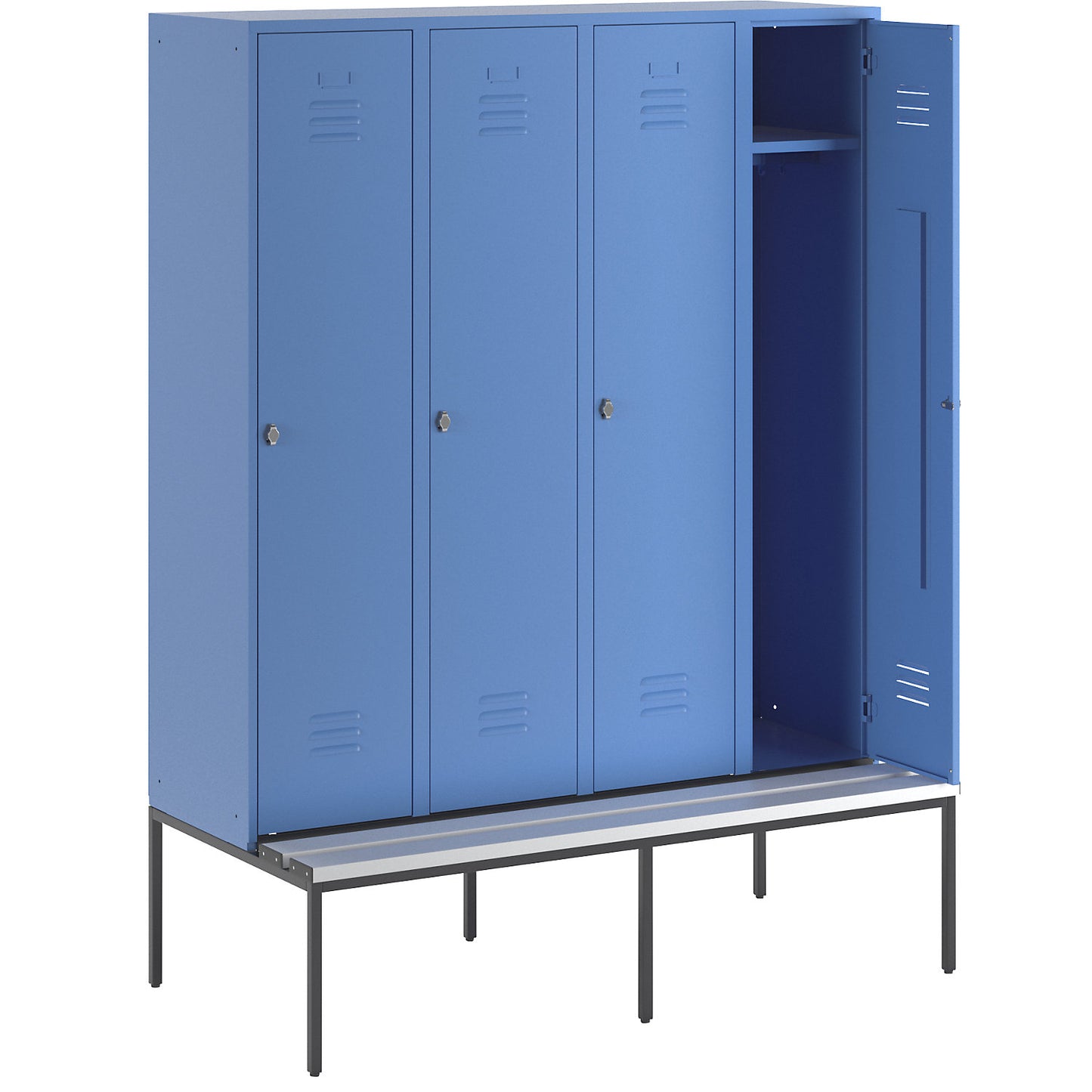 Berlin 2 clothes locker with bench seat, 4 compartments, light blue, W 1600 mm, bench fitted below, plastic.