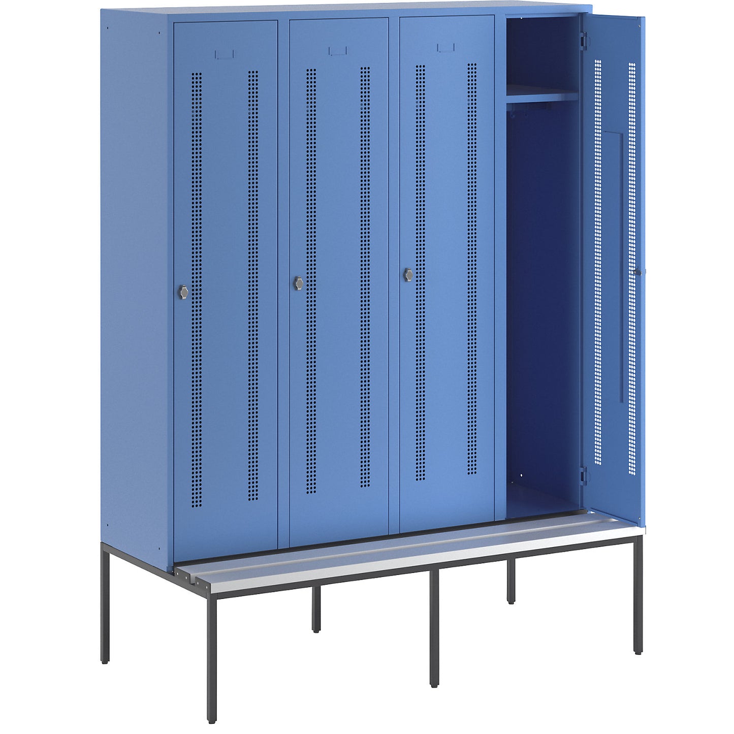 Berlin 1 bench seat clothes locker, 4 compartments, light blue, W 1600 mm, bench fitted below, plastic.