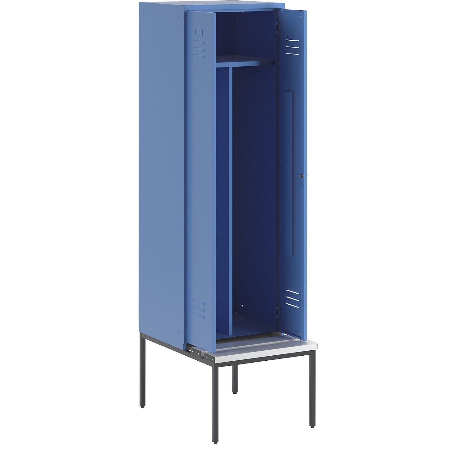 Berlin 2 clean and dirty locker with bench seat, centre divider, 1 compartment, light blue, W 600 mm, bench fitted below, plastic.
