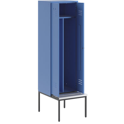 Berlin 2 clean and dirty locker with bench seat, centre divider, 1 compartment, light blue, W 600 mm, bench fitted below, plastic.