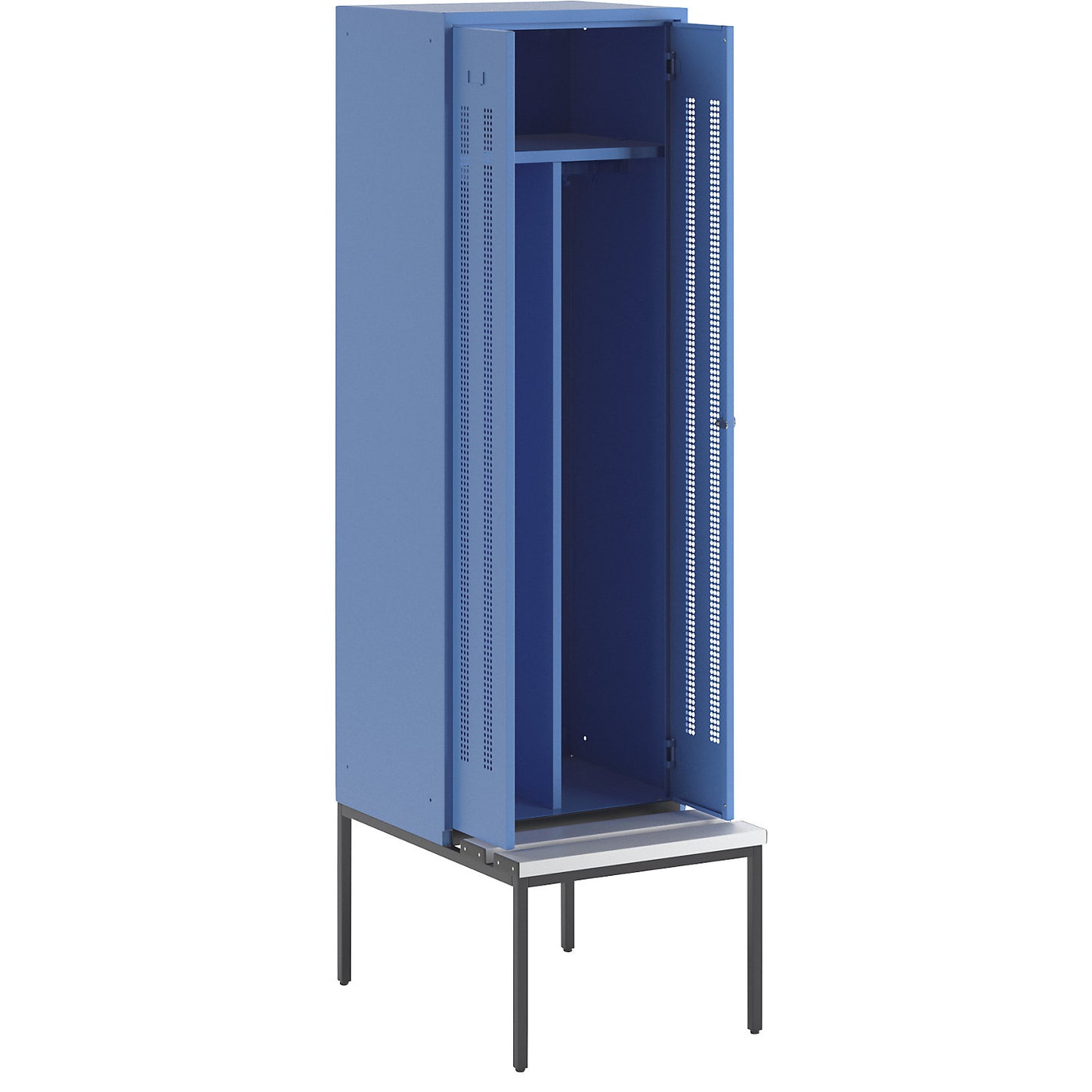 Berlin 1 clean and dirty locker with bench seat, centre divider, 1 compartment, light blue, W 600 mm, bench fitted below, plastic.