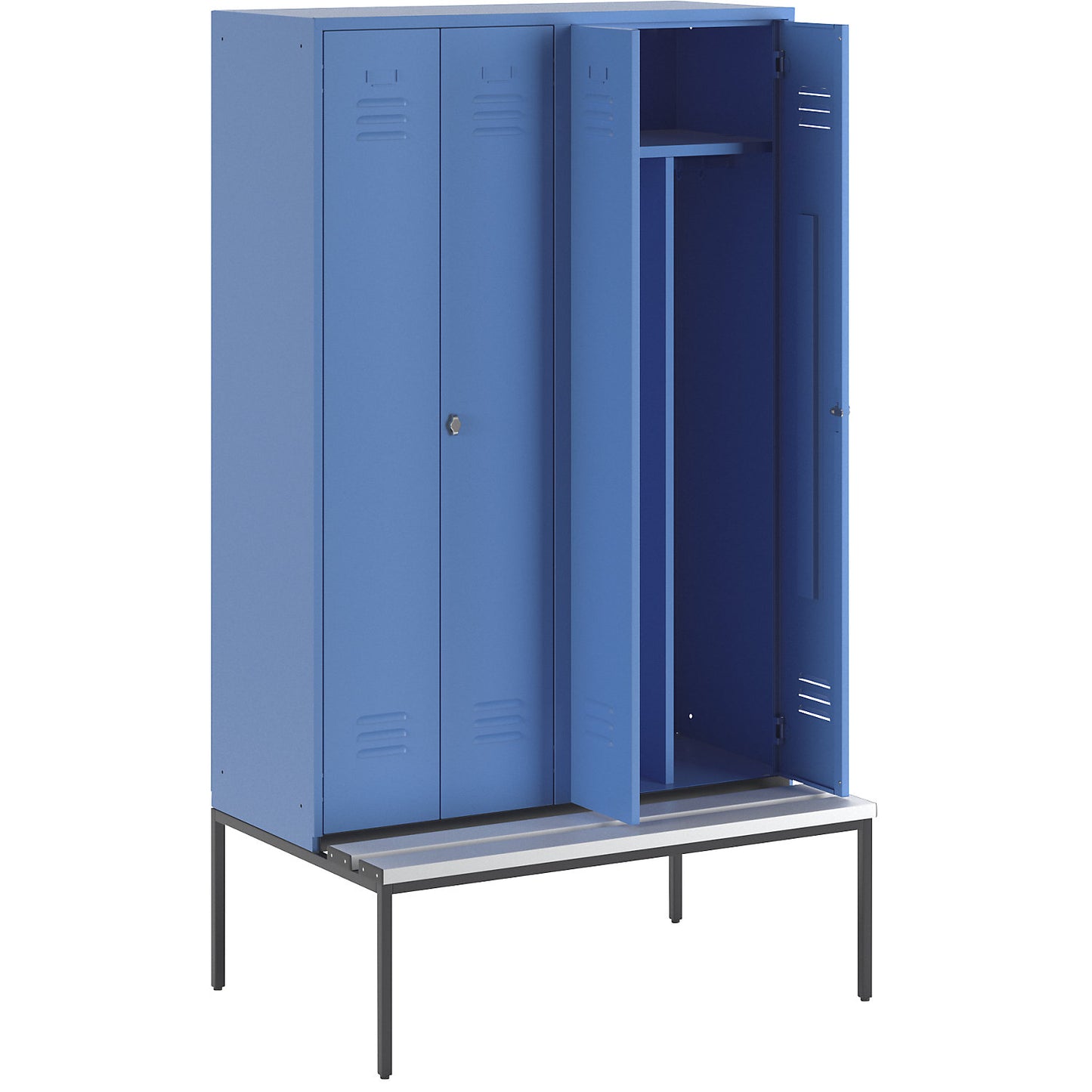 Berlin 2 clean and dirty locker with bench seat, centre divider, 2 compartments, light blue, W 1200 mm, bench fitted below, plastic.