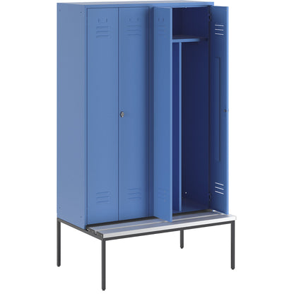 Berlin 2 clean and dirty locker with bench seat, centre divider, 2 compartments, light blue, W 1200 mm, bench fitted below, plastic.