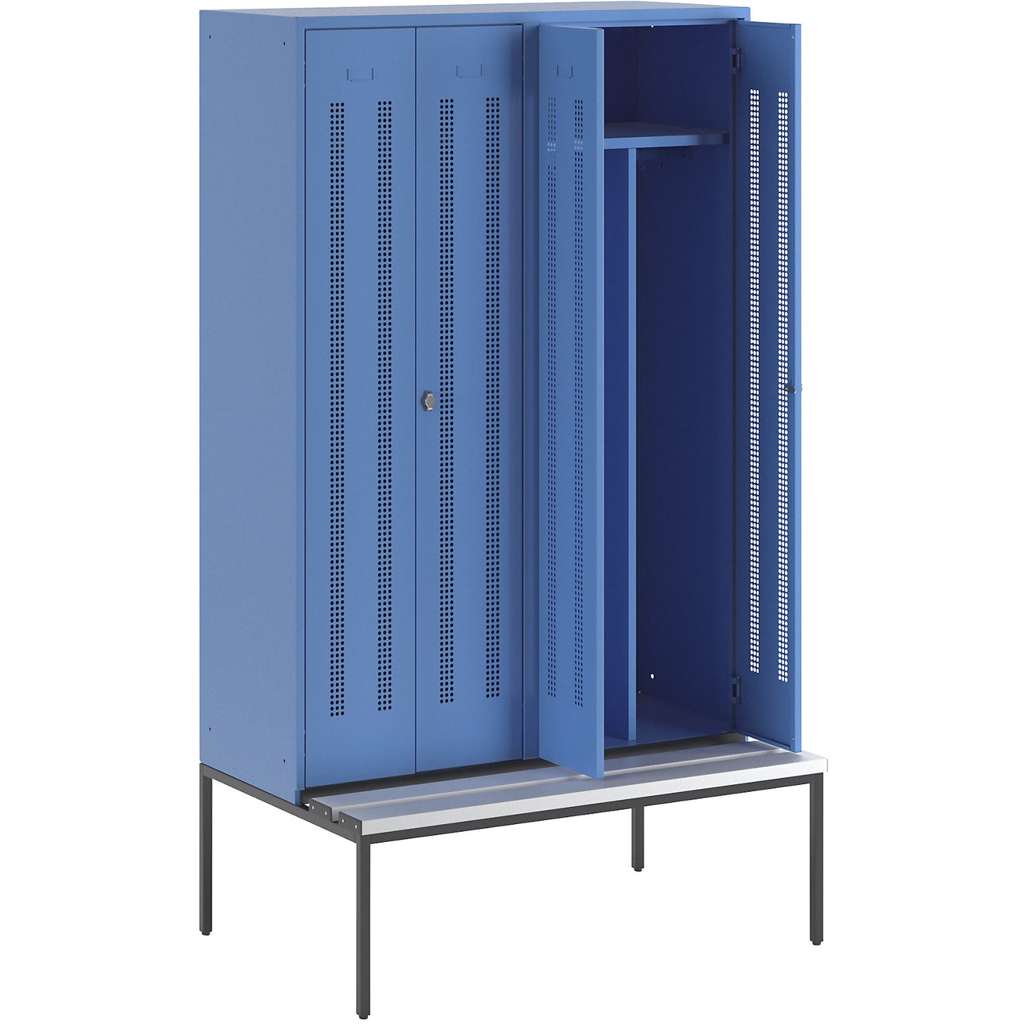 Berlin 1 clean and dirty locker with bench seat, centre divider, 2 compartments, light blue, W 1200 mm, bench fitted below, plastic.