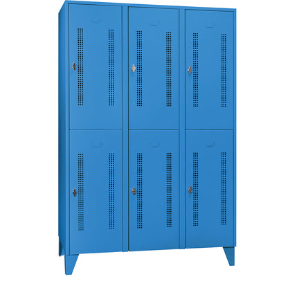 Berlin 1 double deck clothes locker, 3 sections, light blue, width 1200 mm, 6 compartments.