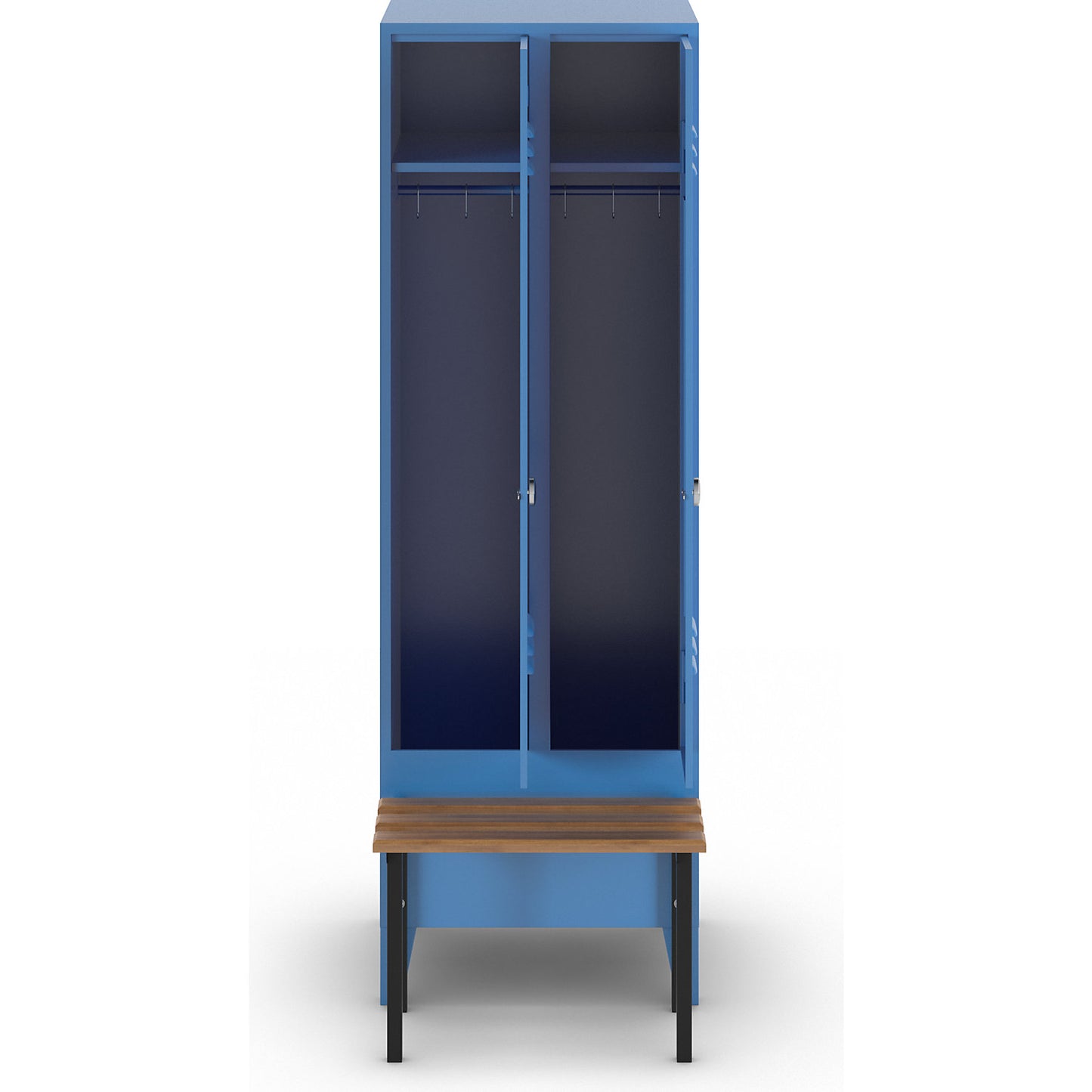 Berlin 2 clothes locker with bench seat, 2 compartments, light blue, W 600 mm, bench mounted in front, beech wood.