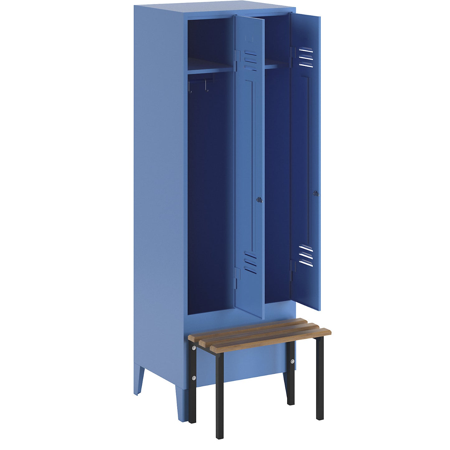 Berlin 2 clothes locker with bench seat, 2 compartments, light blue, W 600 mm, bench mounted in front, beech wood.